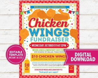 Chicken Wings Fundraiser Flyer Printable Wings Invite Template Benefit Dinner PTA PTO School Community Event Church Editable Download