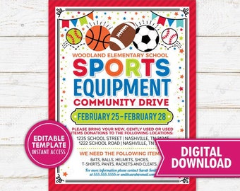 Sporting Goods Equipment Drive Fundraiser Flyer Printable Template Sports Team PTA PTO School Community Event Church Editable Download