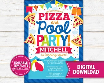 Peut inclure: Modèle d'invitation imprimable éditable pour une fête de pizza et de piscine. L'invitation présente un schéma de couleurs bleu, rouge, jaune et vert avec des illustrations de parts de pizza, d'un flotteur de piscine et d'une piscine. Le texte de l'invitation indique "Vous êtes invités à une fête de pizza et de piscine ! Mitchell a sept ans !" et comprend la date, l'heure et le lieu de la fête.