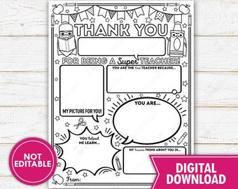 Superhero Staff Teacher Appreciation Coloring Page Worksheet Printable My Teacher is Super Student Appreciation Week Instant Download