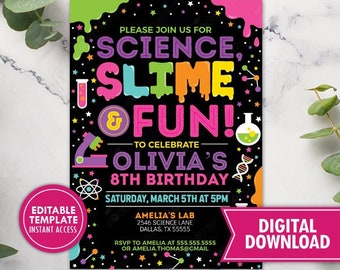 Science Birthday Invitation Printable Girl Science Slime Party Invitation Printed Girls Scientist Invite Template Editable Digital Download