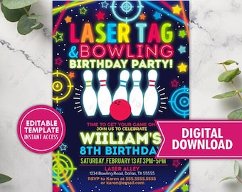 Laser Tag Bowling Birthday Party Invitation Printable Boy Neon Glow Arcade Games Invite Boys Printed Invite Digital Download Editable