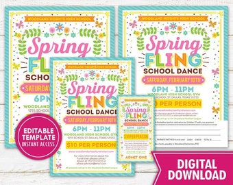 Spring Fling School Dance Flyer Ticket Set Printable PTO PTA School Party Invitation Community Church Easter Event Digital Instant Download