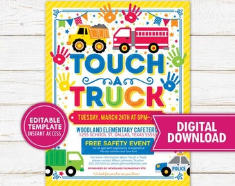 Ulotka na zbiórkę funduszy Touch a Truck do wydrukowania PTA PTO Szkoła Kościół Społeczność Wydarzenie charytatywne Edytowalny cyfrowy szablon do pobrania