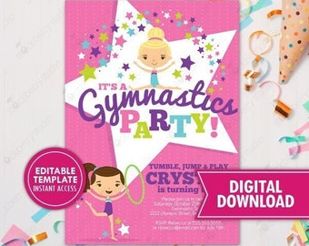 Gymnastics Birthday Invitation Printable Gymnastics Party Invitation Girl Gymnast Party Invite Digital Editable Template