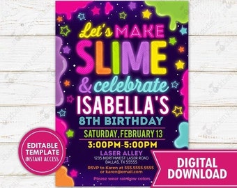 Può includere: Un invito digitale stampabile per una festa di compleanno a tema slime. L'invito presenta un design di slime rosa neon, verde, giallo e blu con stelle e il testo "Let's Make Slime & Celebrate Isabella's 8th Birthday". L'invito include anche la data, l'ora e il luogo della festa.