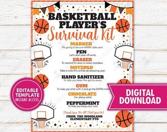 May include: Printable basketball player's survival kit checklist with a basketball and hoop graphic. The checklist includes items like a marker, pen, eraser, notepad, hand sanitizer, gum, chocolate, and peppermint. The text "Thank you for all that you do! From The Woodland Elementary PTO" is at the bottom of the checklist.