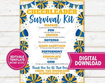 May include: A printable cheerleader survival kit digital download. The design features a blue and yellow color scheme with pom-poms and text. Includes a list of items like a marker, pen, eraser, notepad, hand sanitizer, peppermint, chocolate, and gum.