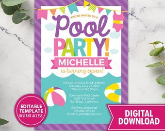 Pool Party Invitation Girl Printable Pool Birthday Party Invitation Summer Birthday Invite Printed Digital Download Template Editable