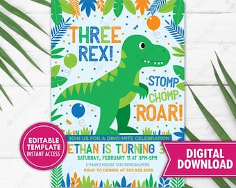 Dinosaur 3rd Birthday Invitation Printable Trex Dino Three Rex Invite Printed T Rex 3 Dinosaur Birthday Party Download Template Editable