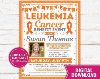 Leukemia Cancer Benefit Fundraiser Flyer Printable Orange Awareness Ribbon Charity Church Benefit Event Poster Editable Template Digital