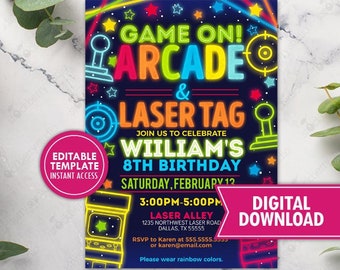 Boy Arcade and Laser Tag Birthday Party Invitation Printable Neon Glow in the Dark Invite Printed Boys Digital Download Editable Template