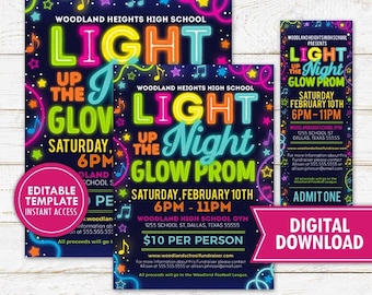 Light Up the Night Prom Flyer Ticket Invite Set Printable Neon Glow High School Dance Event PTO PTA Digital Instant Download Editable