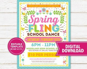 Spring Fling School Dance Flyer Printable PTO PTA School Party Invitation Fundraiser Community Church Easter Event Digital Instant Download