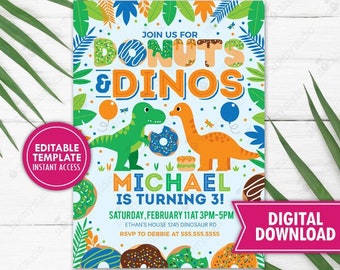 Donuts and Dinos Birthday Invitation Printable T-Rex Boy Dinosaurs and Donuts Invite Editable Template Digital File Instant Download