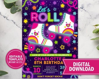 May include: A purple and black digital printable invitation for a roller skating birthday party. The invitation features a neon sign that says "Let's Roll" and two pairs of roller skates with rainbow stripes and hearts. The text on the invitation says "Charlotte's 8th Birthday" and includes the date, time, and location of the party. The invitation also includes the text "Don't forget socks!"