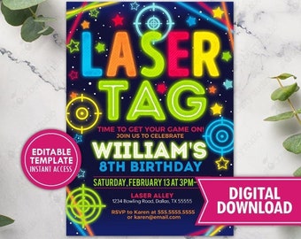 Laser Tag Invitation Printable Neon Glow Birthday Invite Printed Boy Birthday Laser Party Digital Instant Download Editable Template