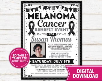 Skin Cancer Benefit Fundraiser Flyer Printable Black Ribbon Charity Church Fundraiser Event Poster Melanoma Editable Template Digital