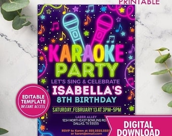 Könnte beinhalten: Eine druckbare Einladung zu einer Karaoke-Party mit neonrosa, grünem, gelbem und blauem Text. Die Einladung lautet "Karaoke Party" und "Lasst uns singen und Isabellas 8. Geburtstag feiern". Die Party findet am Samstag, den 13. Februar von 15:00 bis 17:00 Uhr in der Laser Alley statt. Die Einladung enthält auch eine Telefonnummer und eine E-Mail-Adresse für die RSVP.