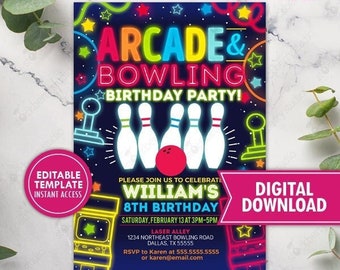 Arcade Bowling Birthday Party Invitation Printable Boy Neon Glow Bowl Games Invite Boys Digital Instant Download Editable Template