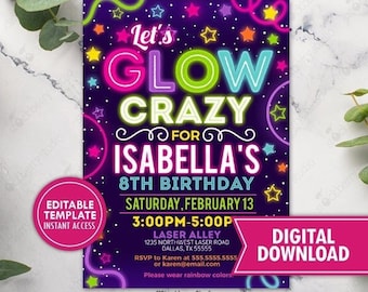 Glow Party Invitation Printable Girl Neon in the Dark Glow Invite Rainbow Girls Teen Birthday Printed Invite or Digital Download Editable