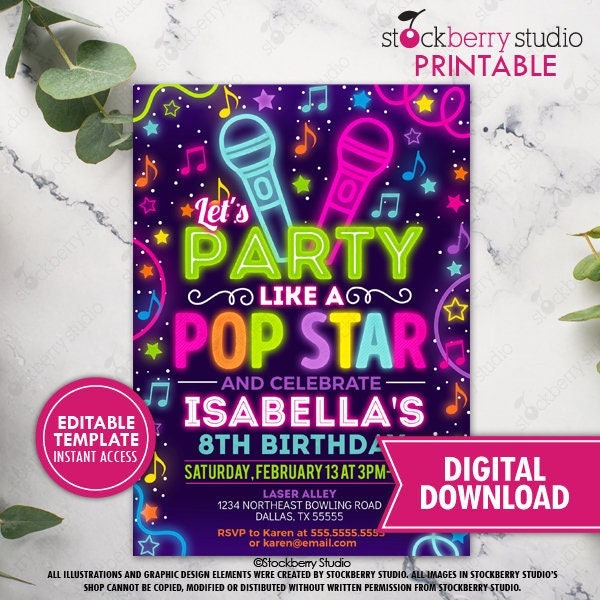 Pop Star Birthday Invitation Girl Neon Glow in the Dark Music Party Rainbow Girls Musical Singing Invite Printed Download Editable Template