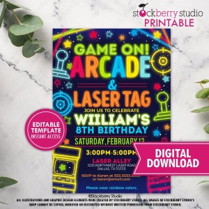 Boy Arcade and Laser Tag Birthday Party Invitation Printable Neon Glow in the Dark Invite Printed Boys Digital Download Editable Template