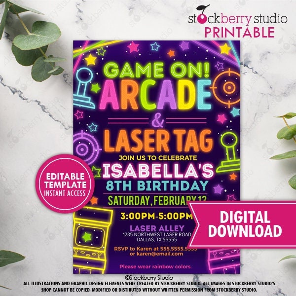 Glow Arcade and Laser Tag Birthday Party Invitation Printed Girls Neon Rainbow Girl Arcade Games Invite Digital Download Editable Template