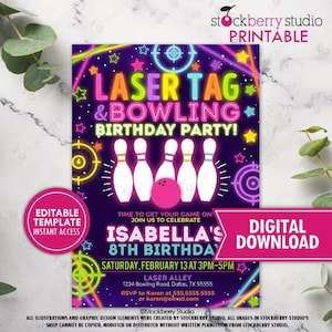 Fille Laser tag bowling fête d'anniversaire faire-part imprimable jeux d'arcade lueur arc-en-ciel inviter les filles imprimé modèle modifiable en téléchargement numérique