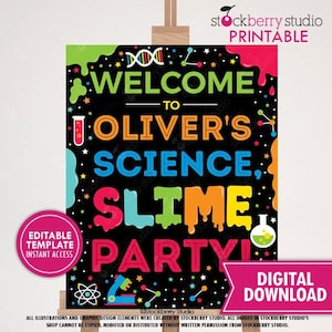 Science Birthday Sign Printable Science Slime Party Sign Welcome Scientist Template Editable Digital Instant Download