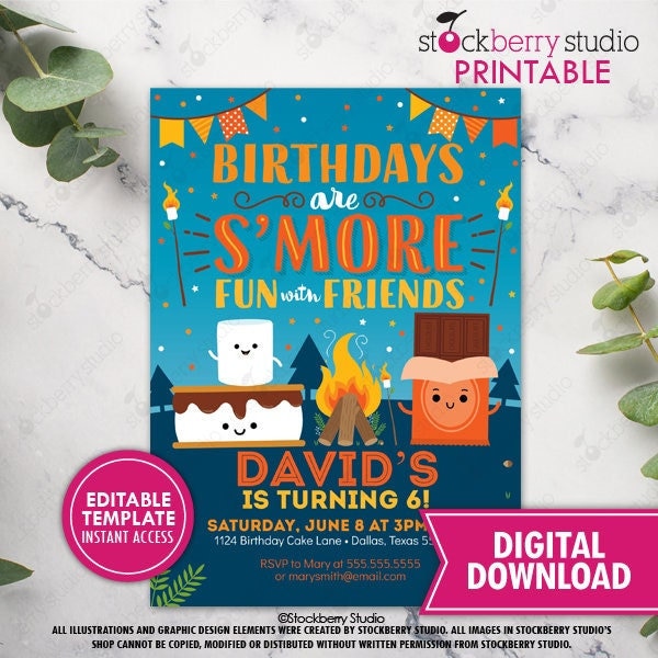 S'mores Birthday Invitation Printable S'more Bonfire Birthday Invite Printed Backyard Camping Smore Fun Campfire Party Download Editable