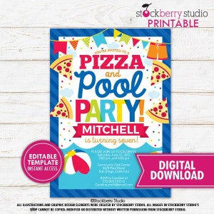 Pizza and Pool Party Invitation Printable Summer End of School Party Invite Printed Back to School Kids Boys Pool Birthday Template Editable