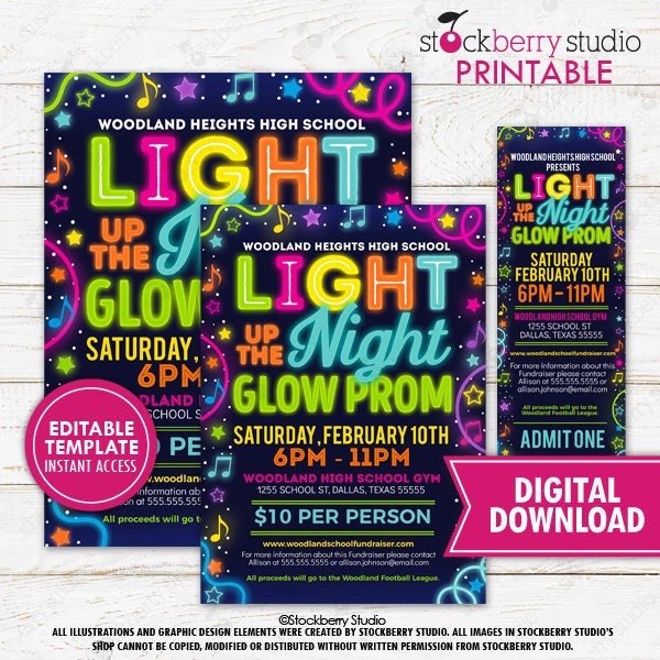 Light Up the Night Prom Flyer Ticket Invite Set Printable Neon Glow High School Dance Event PTO PTA Digital Instant Download Editable