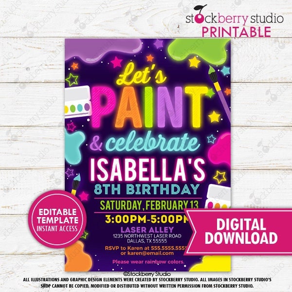 Paint Birthday Invitation Printable Neon Glow Rainbow Painting Party Invite Printed Art Craft Ceramics Pottery Studio Digital Editable