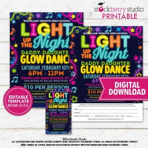 Light Up the Night Daddy Tochter Neon Glow Dance Flyer Ticket Set Druckbare Schule PTO PTA Ereignis Digital Sofort Download Bearbeitbar