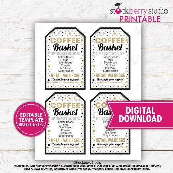 Silent Auction Fundraiser Item Tags  Printable School PTO PTA Church Nonprofit Fundraising Tag Charity Event Editable Template