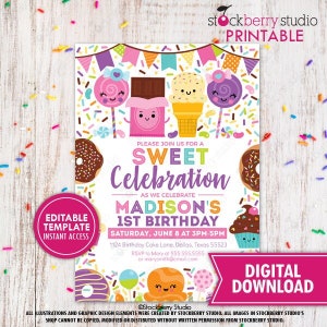 May include: A printable invitation for a first birthday party with a sweet theme. The invitation features a colorful design with cartoon images of candy, ice cream, and donuts. The text on the invitation reads "Please join us for a Sweet Celebration as we celebrate Madison's 1st Birthday. Saturday, June 8 at 3pm-5pm. 1124 Birthday Cake Lane, Dallas, Texas 55523. RSVP to Mary of 555.555.5555 or marysmith@email.com."