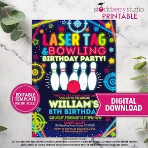 May include: A digital download invitation for a laser tag and bowling birthday party. The design features neon colors, bowling pins, a red bowling ball, and the text "Laser Tag & Bowling Birthday Party!" with event details.