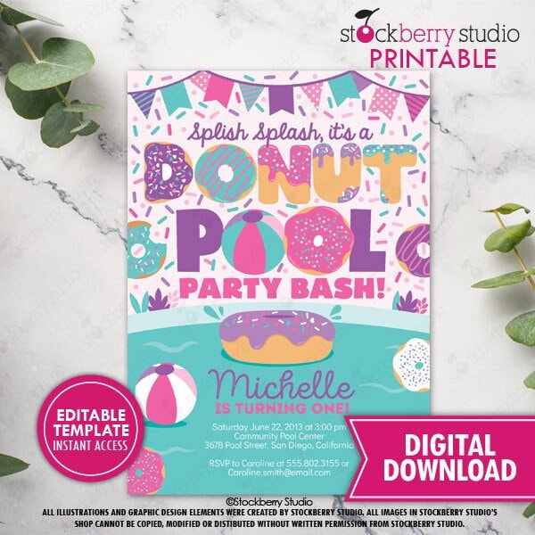 Donut Pool Party Invitation Printable Girl Summer Birthday Invite Printed Dunk Girls Swimming Pool Float Invitation Template Editable