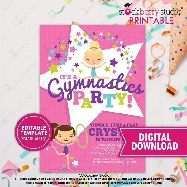 Gymnastics Birthday Invitation Printable Gymnastics Party Invitation Girl Gymnast Party Invite Digital Editable Template