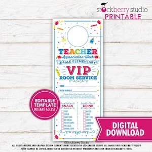 教師 VIP ルームサービス ドアハンガー 印刷可能 スタッフと教師への感謝のアイデア 学校 PTO PTA ありがとうタグ 編集可能 即時ダウンロード