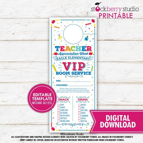 Teacher VIP Room Service Door Hanger Printable Staff and Teacher Appreciation Ideas School PTO PTA Thank You Tags Editable Instant Download