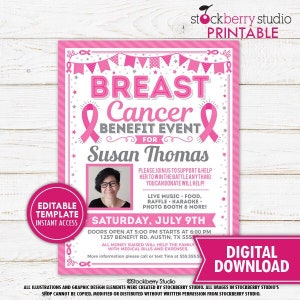 Breast Cancer Benefit Fundraiser Flyer Printable Pink Church Benefit Ribbon Fundraiser Charity Event Poster Women Editable Template Digital