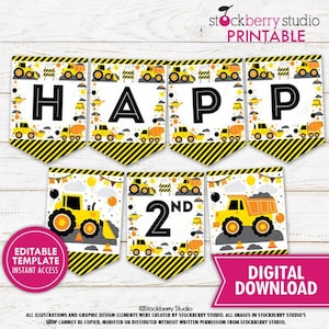 Construction Birthday Banner Dump Truck Happy Birthday Garland Banner Digger Excavator Construction Party Decor Digital Download Editable