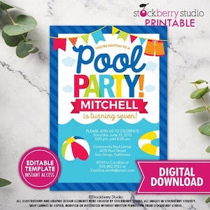 Pool Party Invitation Boy Printable Pool Birthday Party Invitation Summer Birthday Invite Printed Digital Instant Download Template Editable