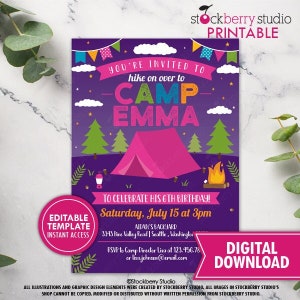 Puede incluir: Invitaci&oacute;n de cumplea&ntilde;os de tem&aacute;tica de campamento de color morado con una tienda de campa&ntilde;a rosa, &aacute;rboles verdes y una fogata. El texto dice "&iexcl;Est&aacute;s invitado a hacer una caminata hasta el Campamento Emma para celebrar su sexto cumplea&ntilde;os! S&aacute;bado 15 de julio a las 3:00 p. m. El patio trasero de Aidan 3343 Fine Valley Road | Seattle, Washington. RSVP a la directora del campamento, Lisa, al 123.456.78 o a lisa.johnson@email.com. Descarga digital."