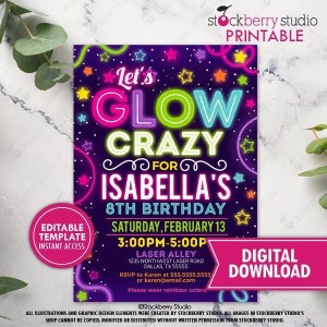 Glow Party Invitation Printable Girl Neon in the Dark Glow Invite Rainbow Girls Teen Birthday Printed Invite or Digital Download Editable image 1