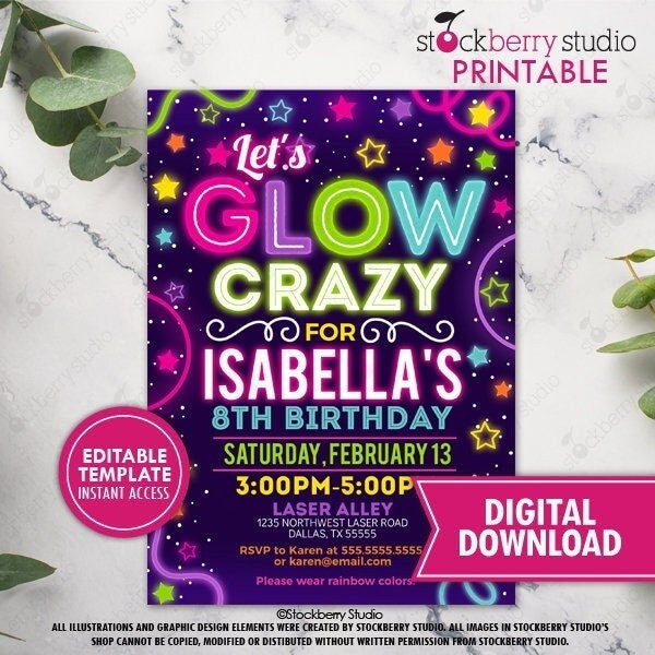 Glow Party Invitation Printable Girl Neon in the Dark Glow Invite Rainbow Girls Teen Birthday Printed Invite or Digital Download Editable