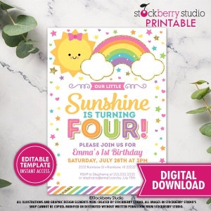 Sunshine Rainbow 4th Birthday Invitation Printable Girl Little Sunshine Rainbow Party Pastel Sun Rainbow Digital Instant Download Template