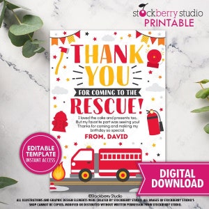 Firetruck Birthday Party Thank You Card Printable Fire truck Thank You Note Card Printed Firefighter Fireman Theme Digital Editable Template image 1